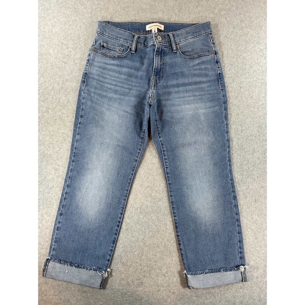 Lucky Brand Women Blue Mid Rise Straight Leg Raw Hem Cuffed Jeans Size 6/28 #762